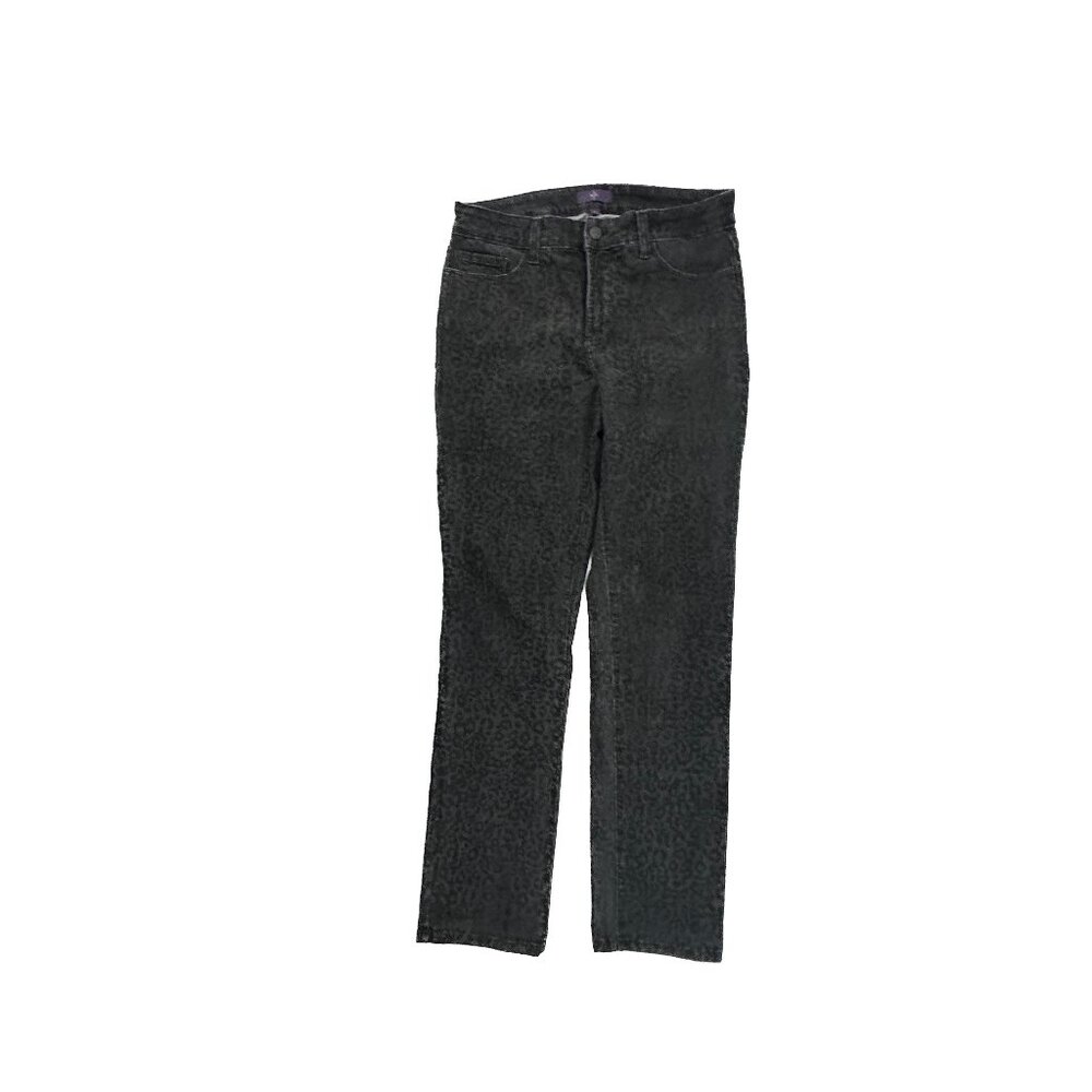 NYDJ Straight Leg Jeans Women 8 Black Cheetah Print Denim Lift Tuck